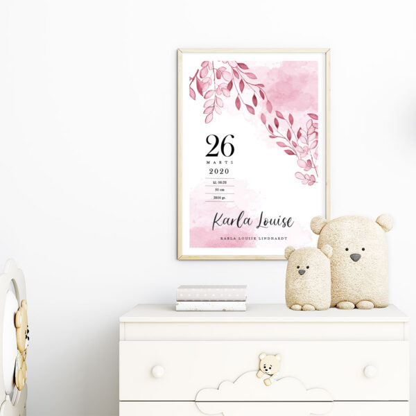 viser fødselstavle med lyserøde blomster fra www.plakatcompagniet.dk